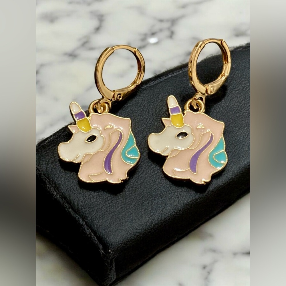 Unicorn Earrings Enamel Gold and Purple